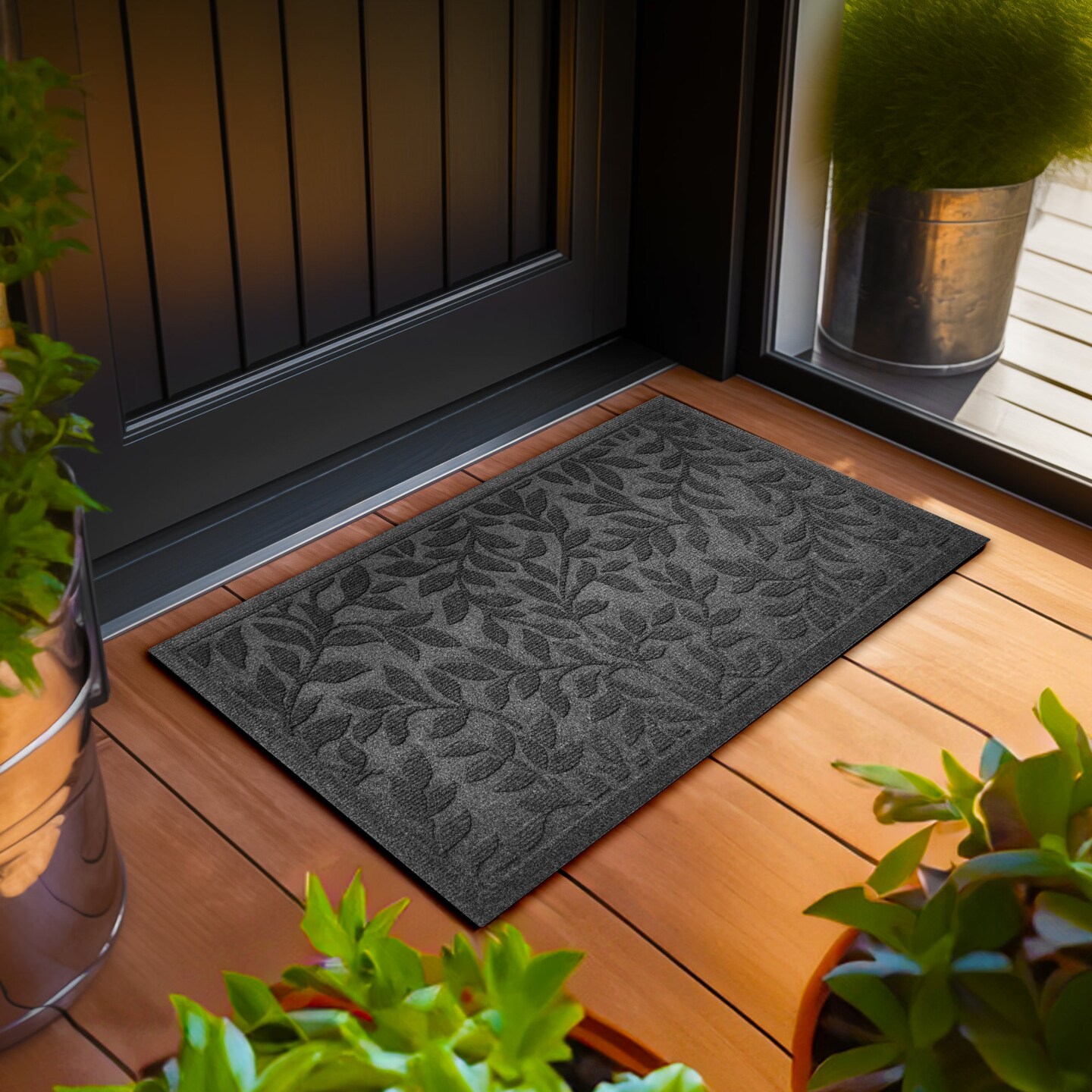 G128 Home Entrance Grey Leaves Door Mat | 23x35 In | Thick Absorbent Natural Rubber Non Slip, Indoor/Outdoor, Easy Clean, Welcome Mats for Front Door/Patio/Garage