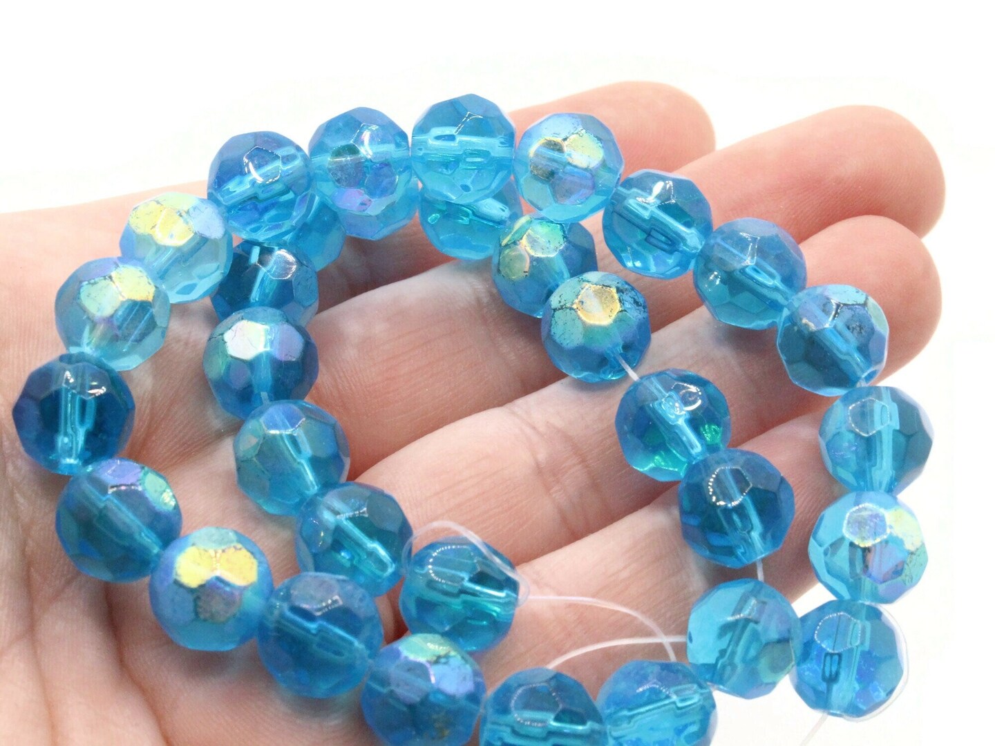 32 10mm Sky Blue Faceted Round Glass Beads with AB Finish