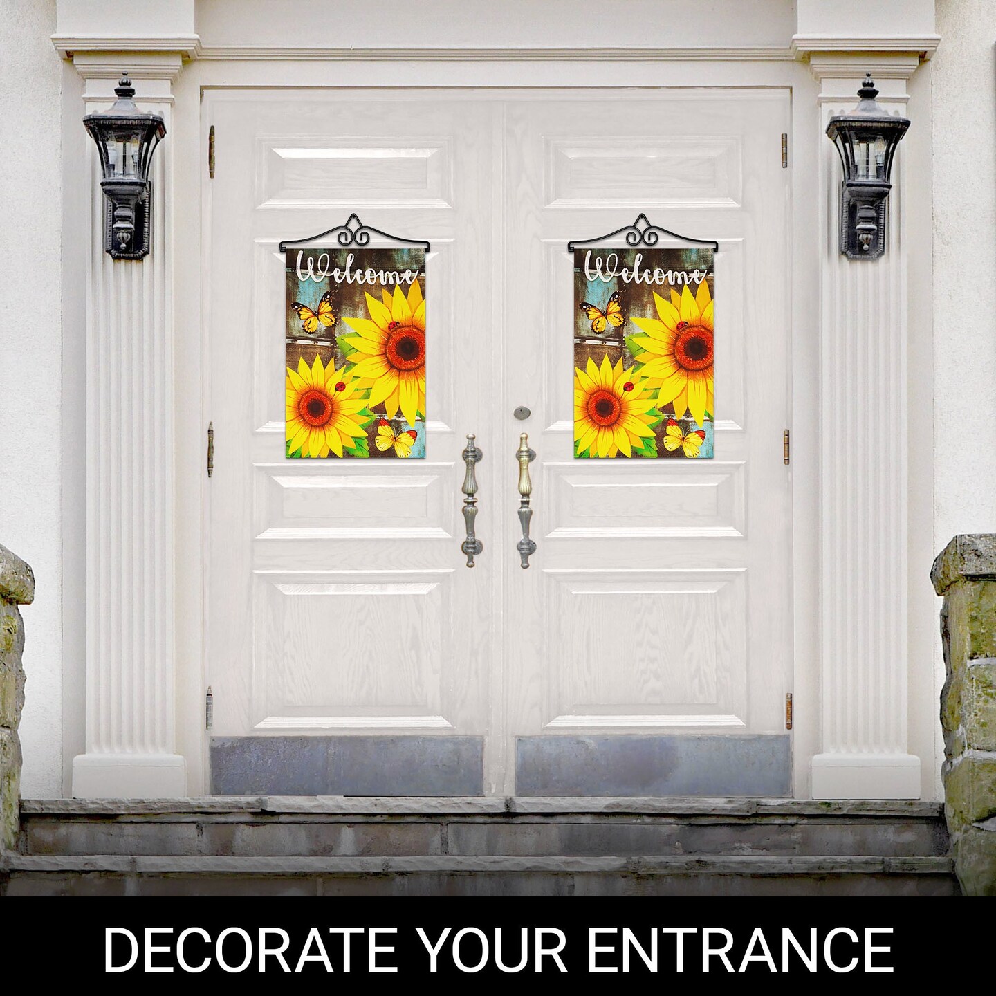 G128 Combo Pack Garden Flag Hanger 14IN & Garden Flag Welcome Sunflowers and Butterflies 12x18IN Printed Double Sided Blockout Fabric