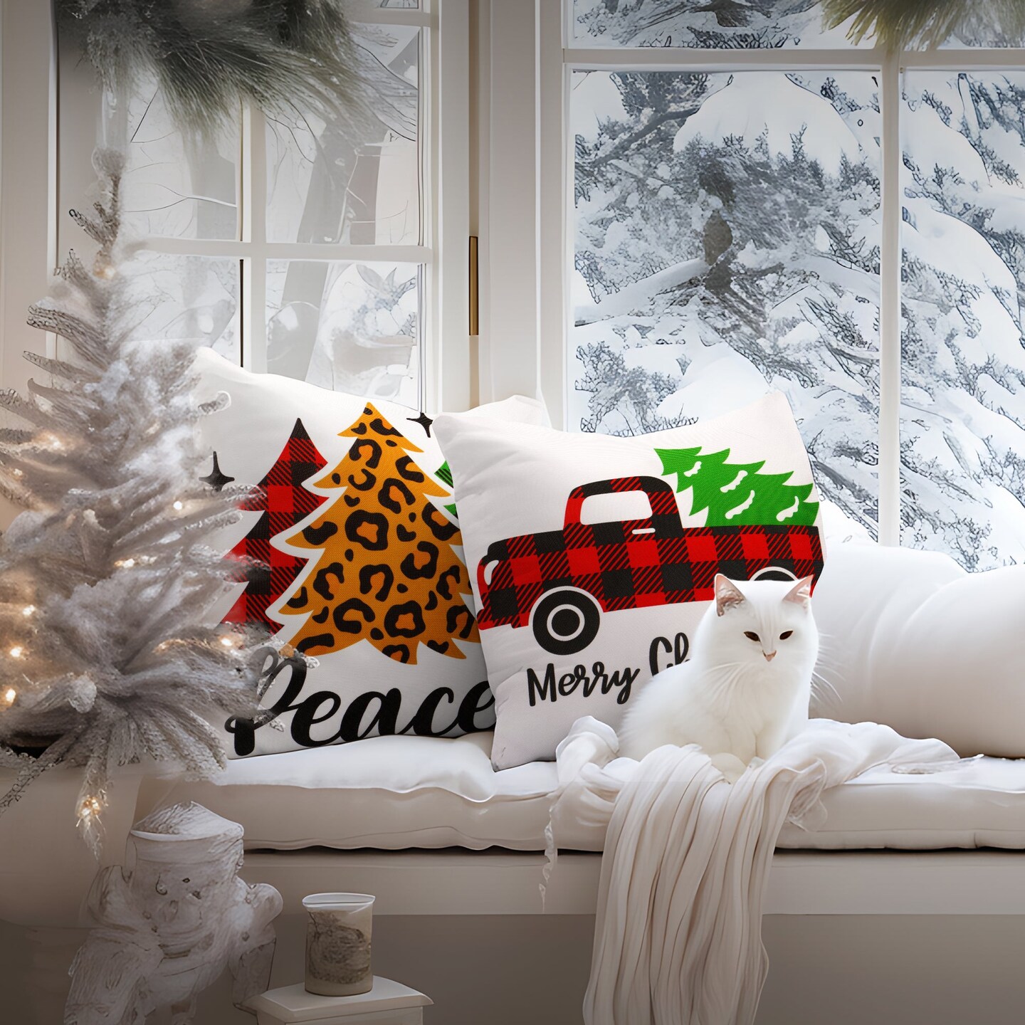 G128 Christmas Decoration Farmhouse Pine Spruce Waterproof Throw Pillow | 18 x 18 in | Set of 4, Beautiful Cushion Covers for Christmas Sofa Couch Decoration, Pillow Insert Included