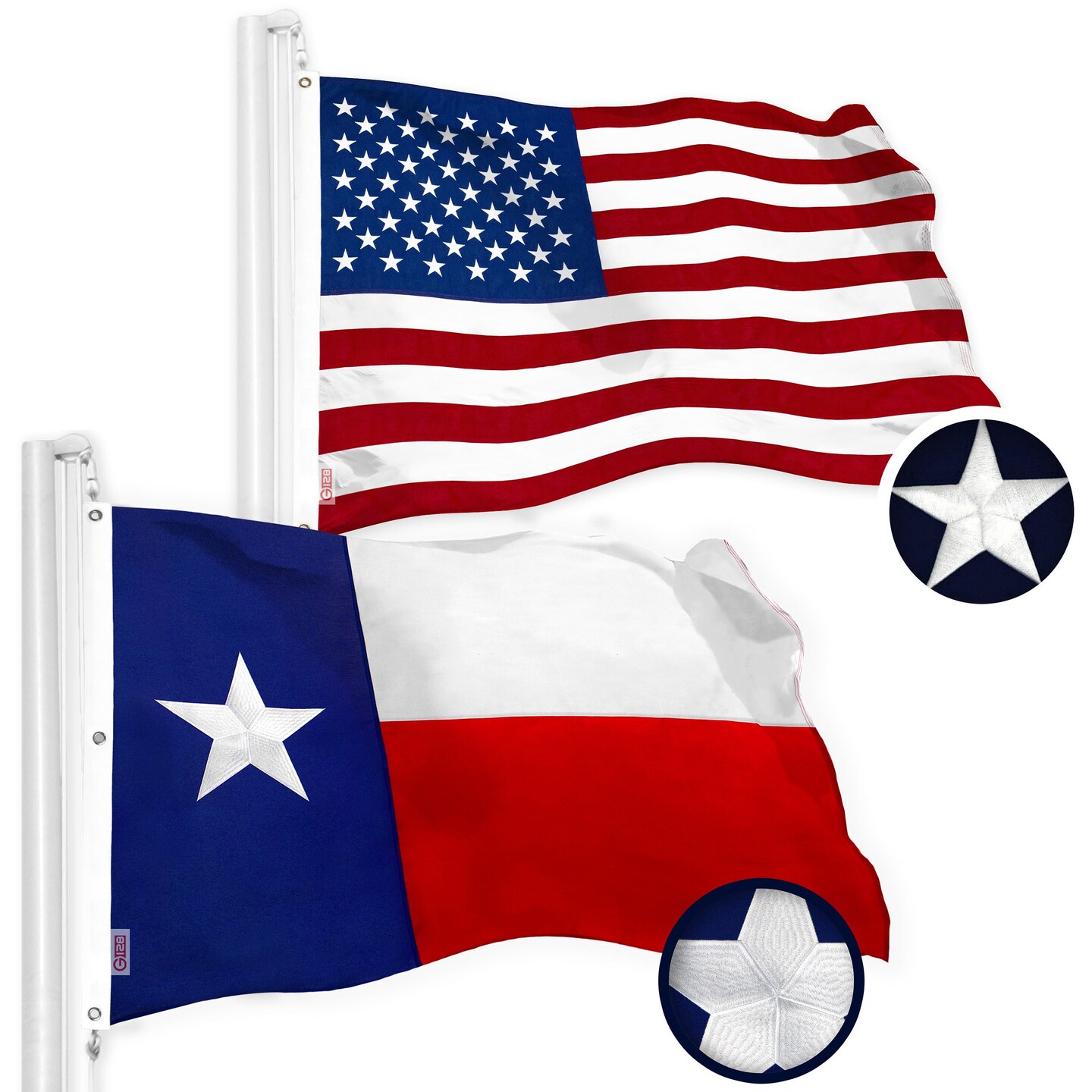 G128 Combo Pack: USA American Flag &#x26; Texas TX State 6x10 Ft Embroidered Spun Polyester, Indoor/Outdoor, Brass Grommets