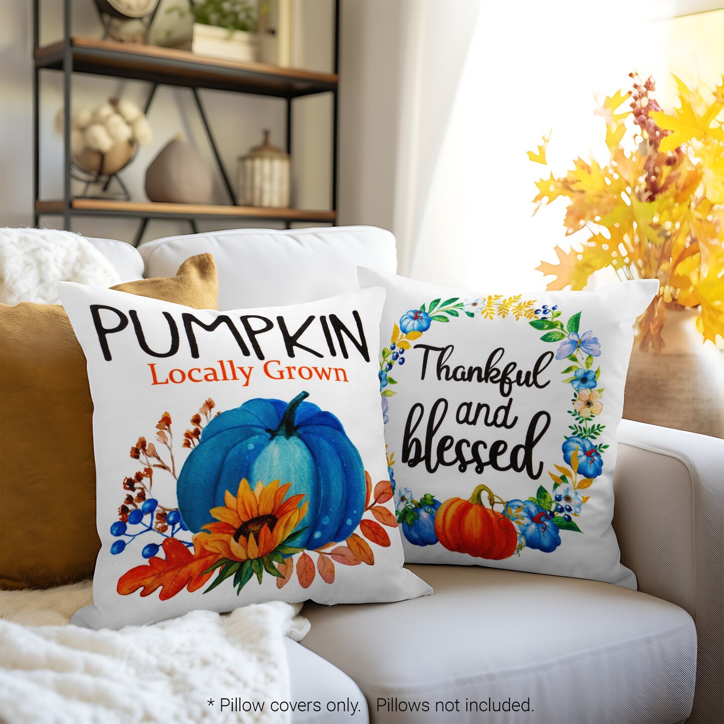 G128 Fall Decoration Pumpkin Thankful Waterproof Throw Pillow Covers | 18 x 18 In | Set of 4, Beautiful Cushion Covers for Autumn Thanksgiving Sofa Couch Decoration