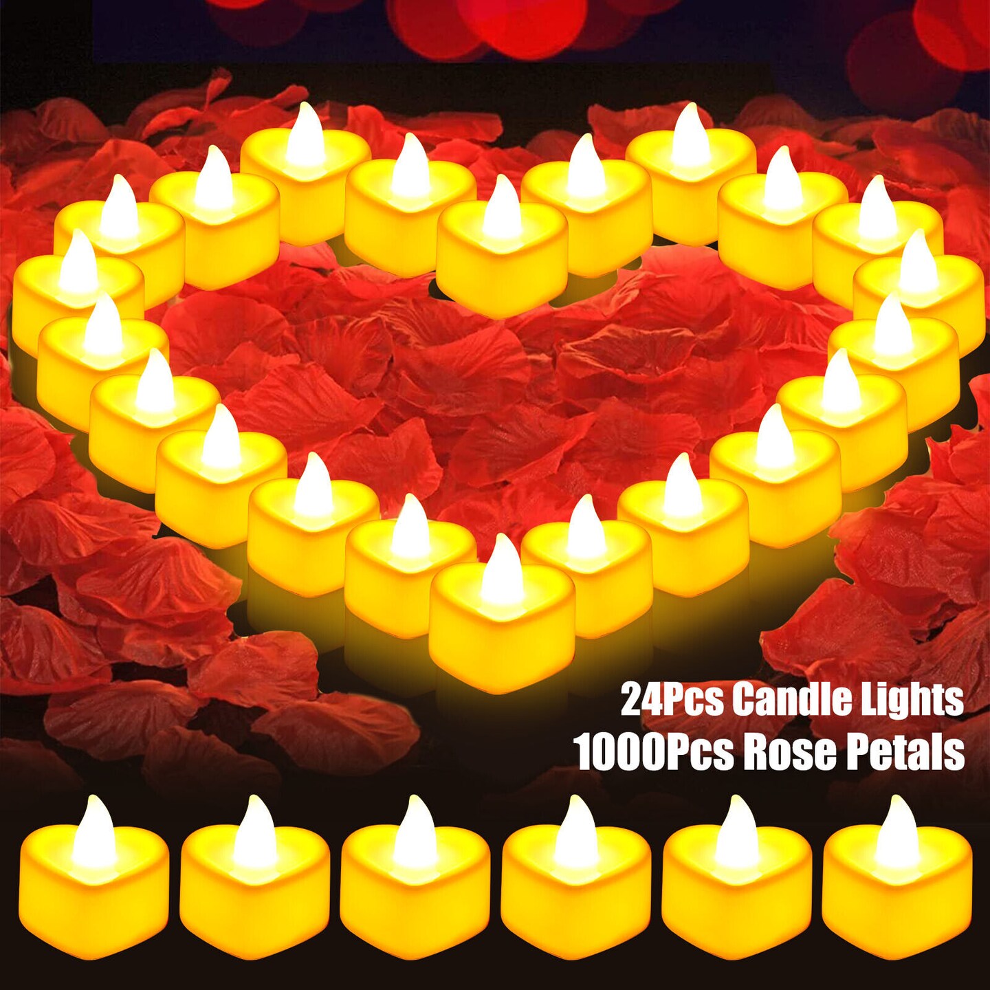 1000Pcs Artificial Rose Petals + 24Pcs LED Heart Light Candles