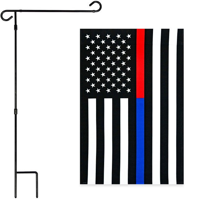 G128 Combo Pack: Garden Flag Stand Black 36x16 Inch & Garden Flag Thin Blue and Red Line 12x18 Inch