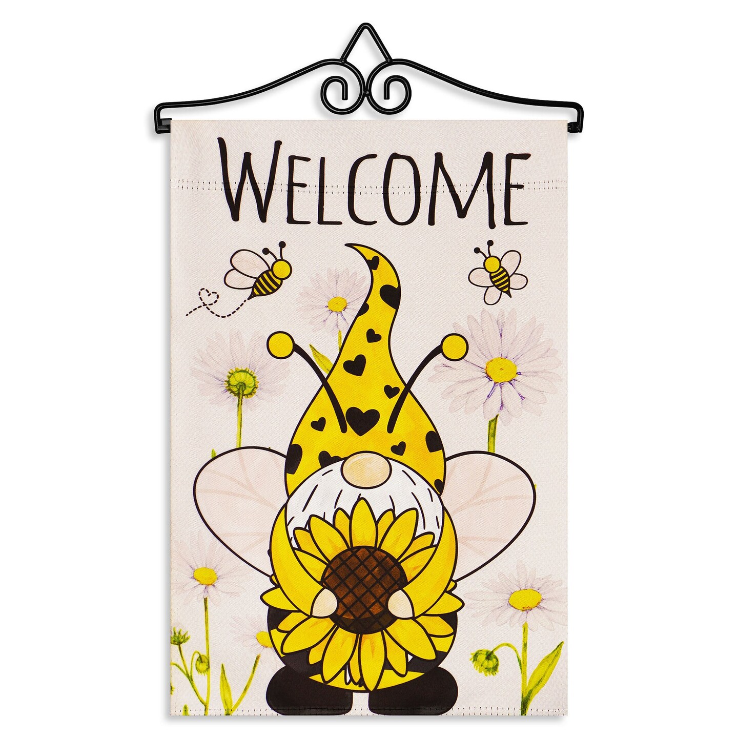 G128 Combo Pack Garden Flag Hanger 14IN & Garden Flag Welcome Bee Gnome with Sunflower 12x18IN Printed Double Sided Blockout Fabric