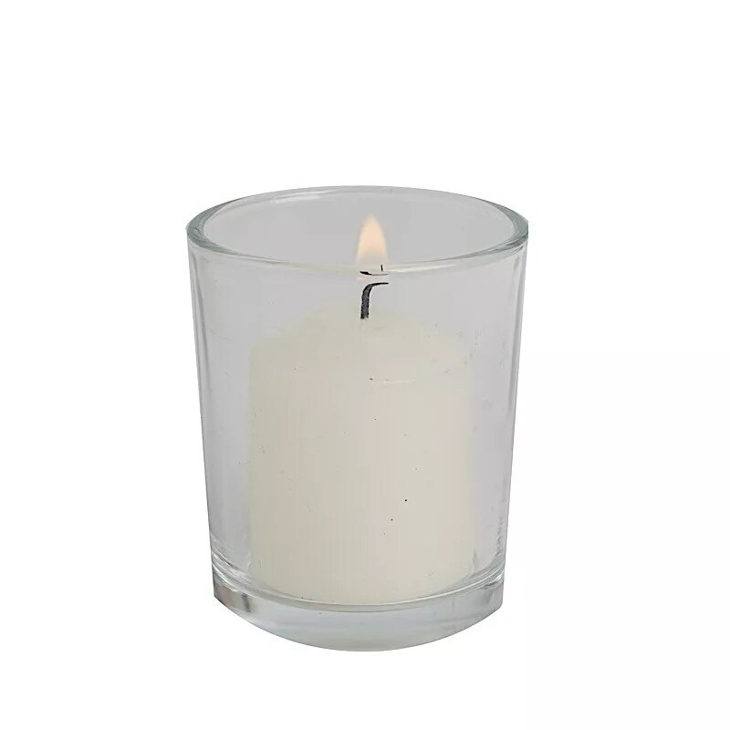 12 IVORY Round Votive Candles with Clear Glass Holders