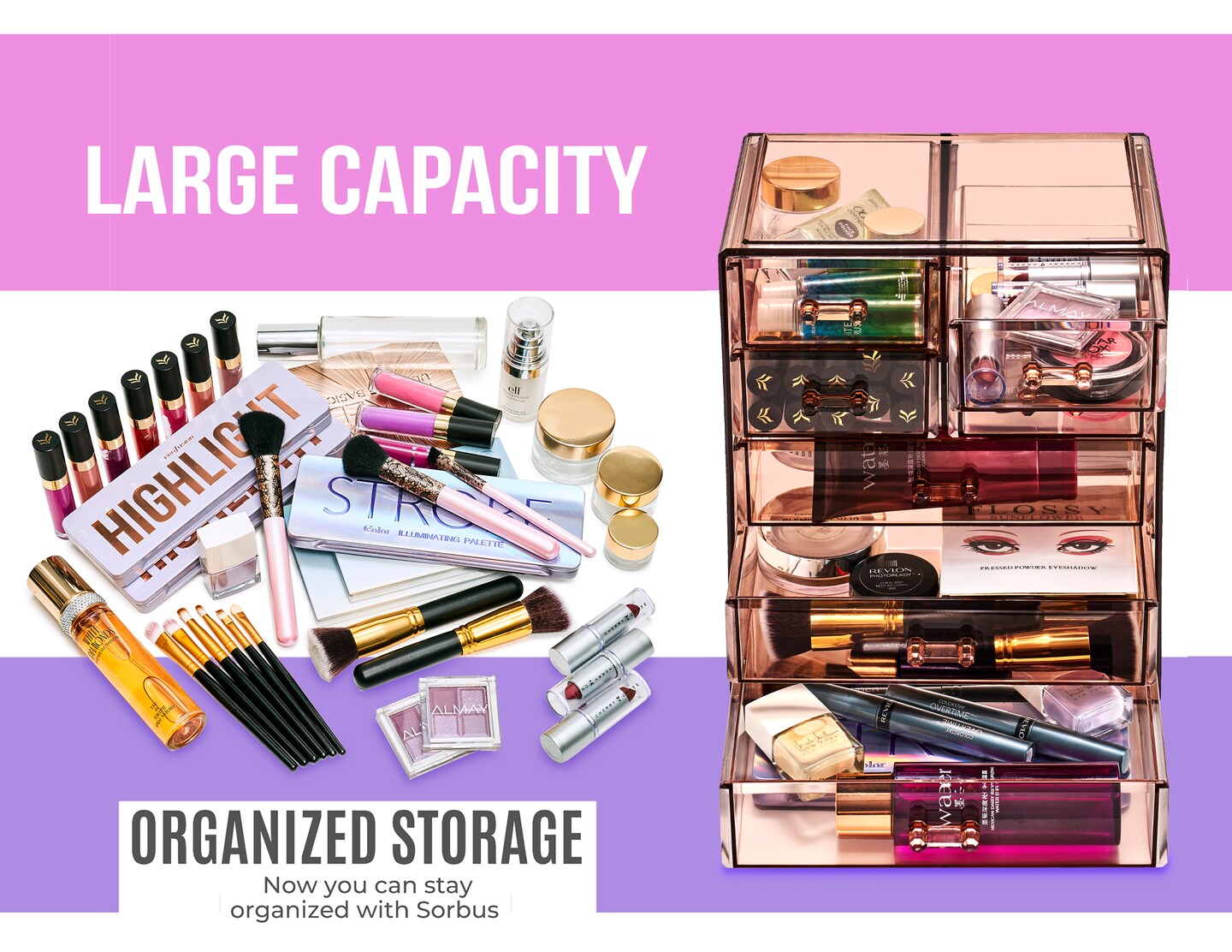 Sorbus Acrylic Makeup Organizer and Storage Case for Makeup &#x26; Jewelry - Brown (4 Large, 2 Small Drawers)