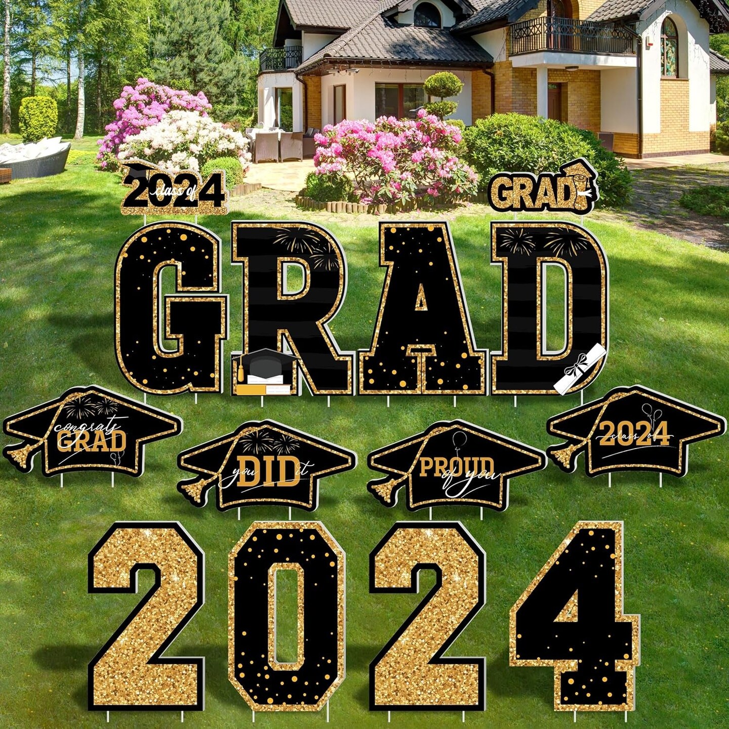 Graduation Yard Sign, 14 PCS Black Gold Large Congrats Grad Lawn Stakes ...