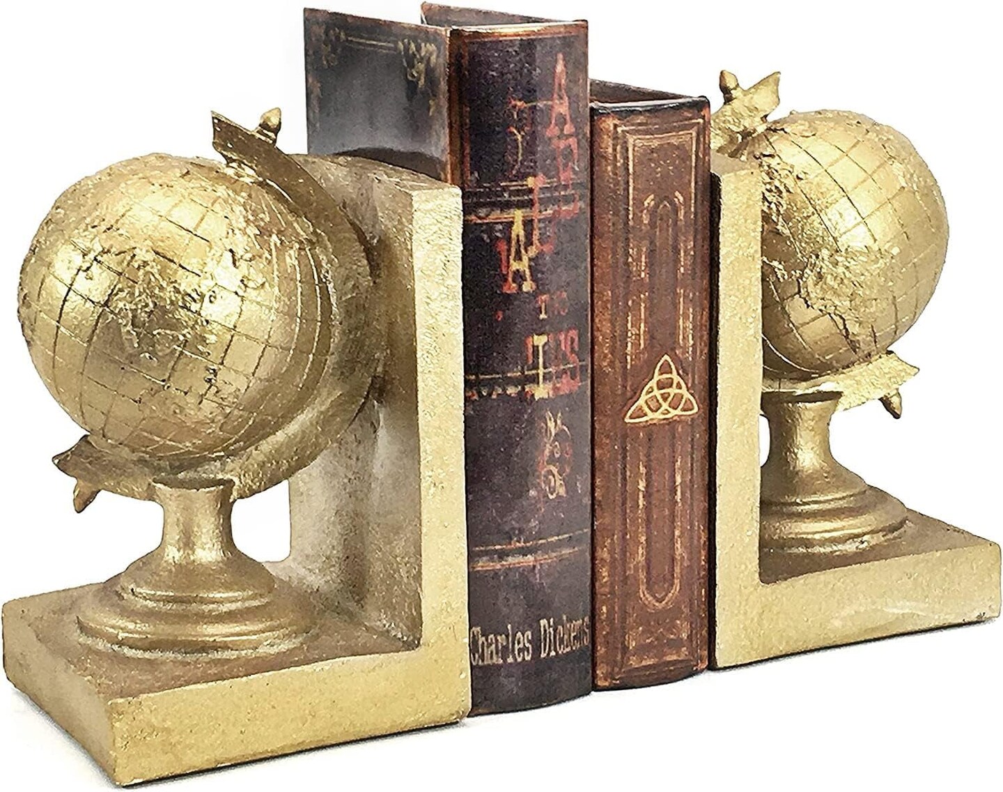 Vintage Globe Bookends Decorative Tellurion Antiques Unique Old World Map Rustic Nonskid Book Ends Desk Bookshelf Shelves Stoppers Holder Farmhouse Boho Decor Gold
