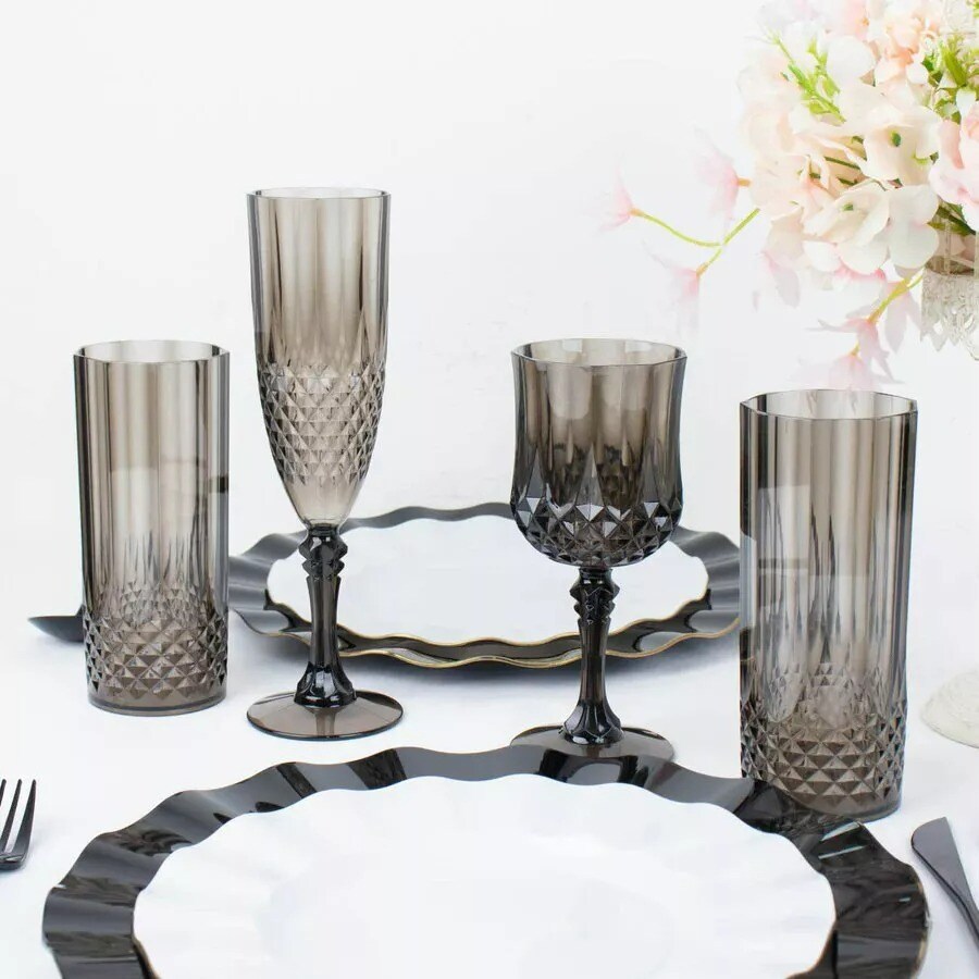 BLACK 6 Plastic 8 oz Crystal Cut Goblets WINE GLASSES