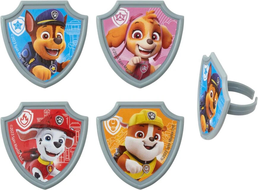 Paw Patrol Reporting For Duty Rings, Cupcake Decorations Featuring Chase, Marshall, Skye, And Rubble - 12 Pack