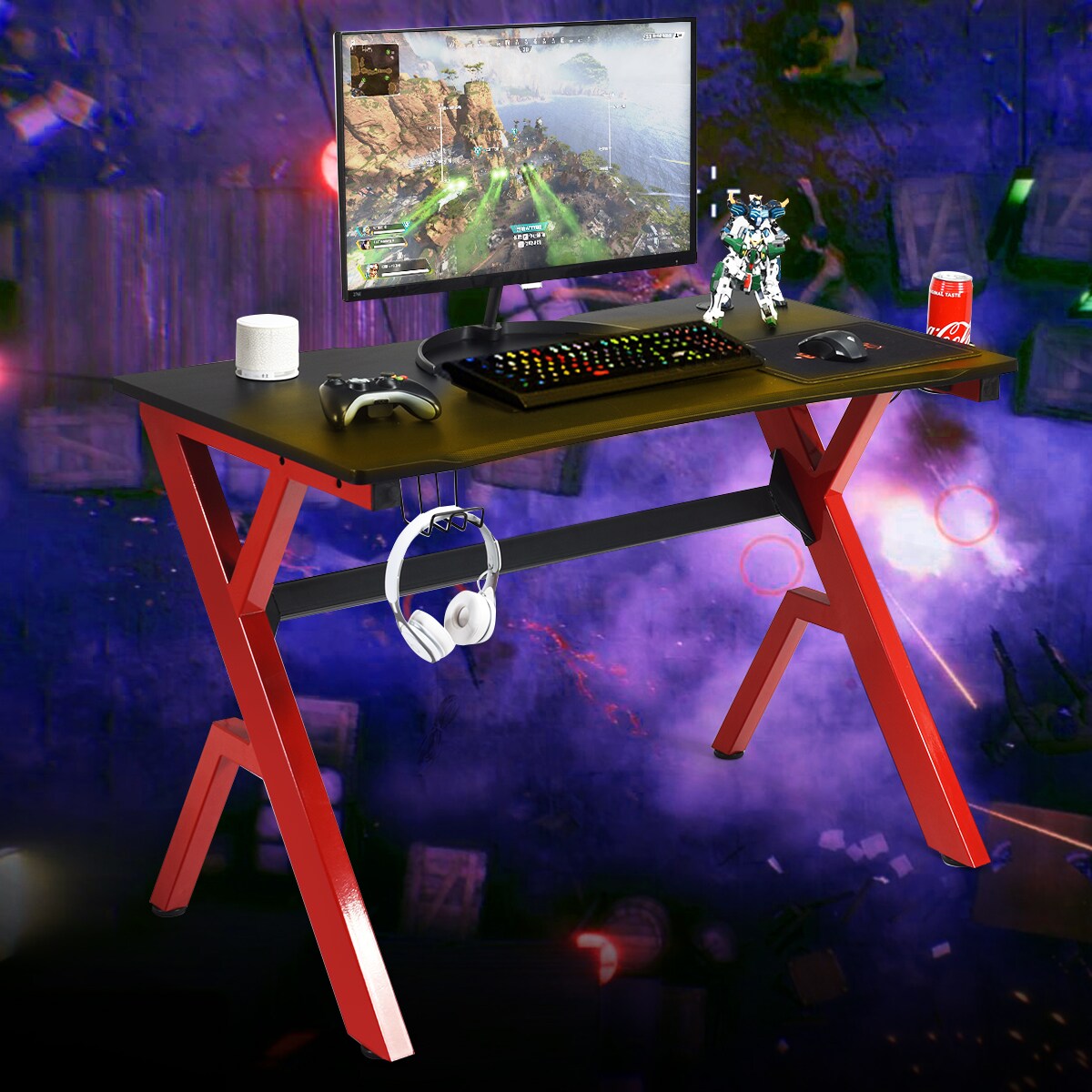 Costway Gaming Desk Computer Desk w/Controller Headphone storage Mouse Pad & Cup Holder