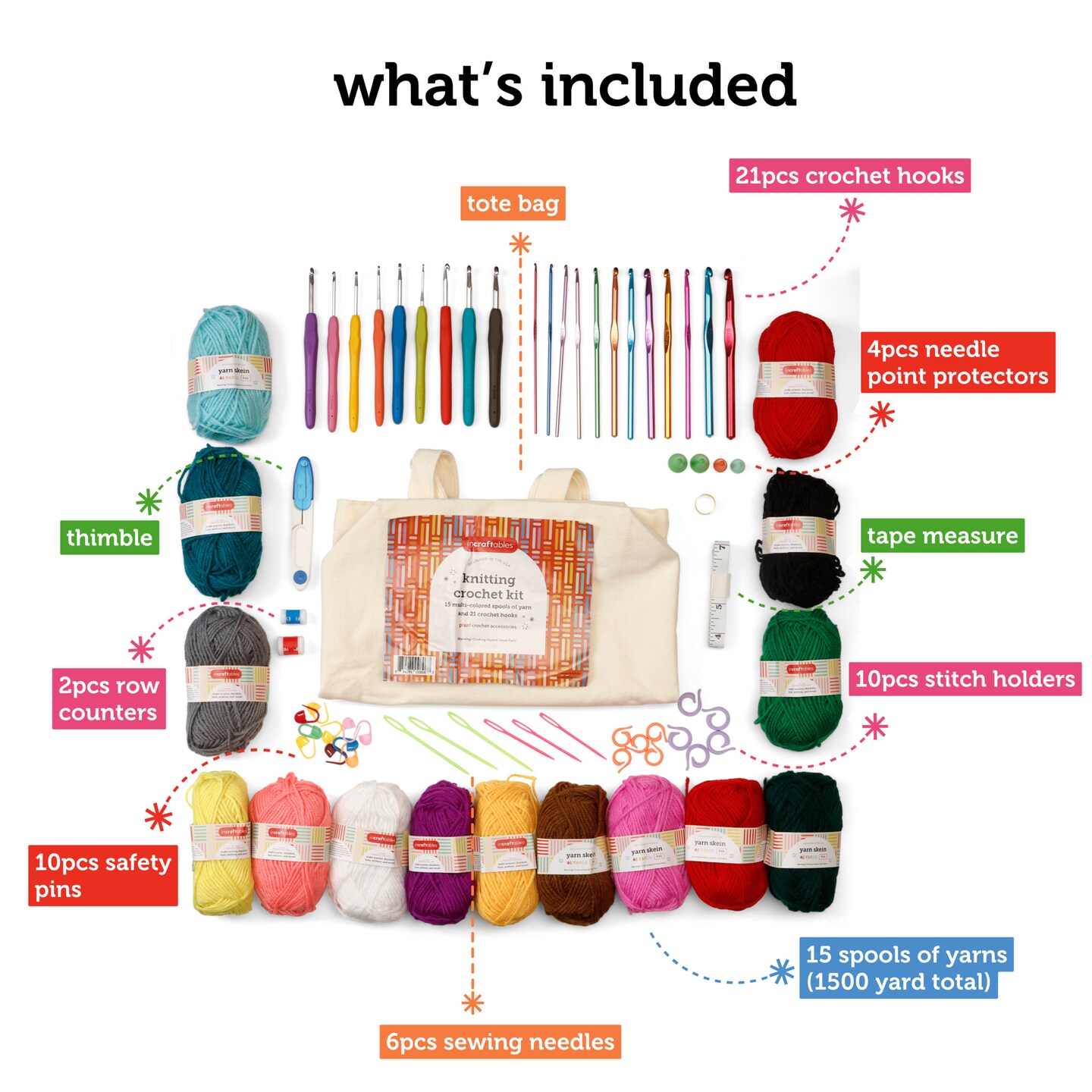 Incraftables Crochet Kit for Beginners & Pro. Crocheting Set with Crochet Hooks (21pcs), Yarns (15 Spools), Tape, Needles & Supplies for Amigurumi. Best Knitting Crochet Starter Kit for Adults & Kids