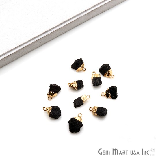 Black Tourmaline Pendant, Rough Gemstone Pendant, Freeform Pendant, Gold Electroplated, Single Bail, 17x9mm, 5pc lot (GPKT-50470)