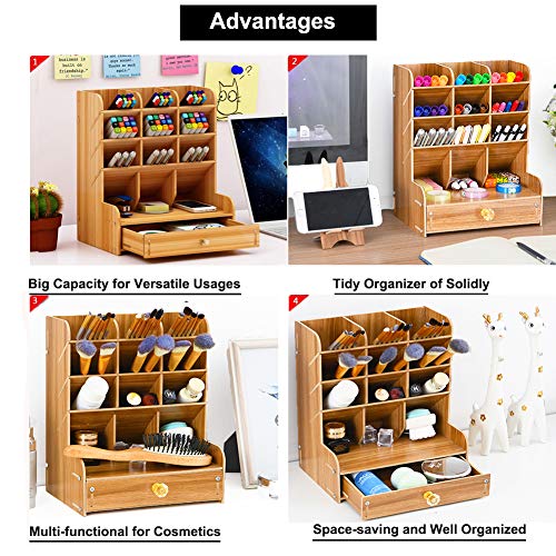 Wooden Desk Organizer, Multi-Functional DIY Pen Holder, Organizer for desk, Desktop Stationary, Easy Assembly, Home Office Art Supplies Storage with Drawer (B11-Cherry Color)