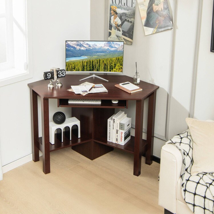 Wooden Study Computer Corner Desk with Drawer and Slide-Out Keyboard Tray
