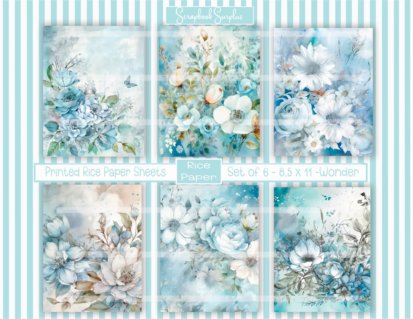 Decoupage Rice Paper Printed Sheets - Set of 6 - 8.5 x 11
