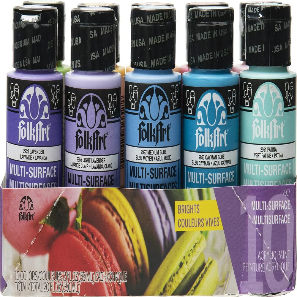 Folkart Multi-surface Acrylic Paint Set, 10 Pack of Basic Colors, 2 Fl Oz  Each 