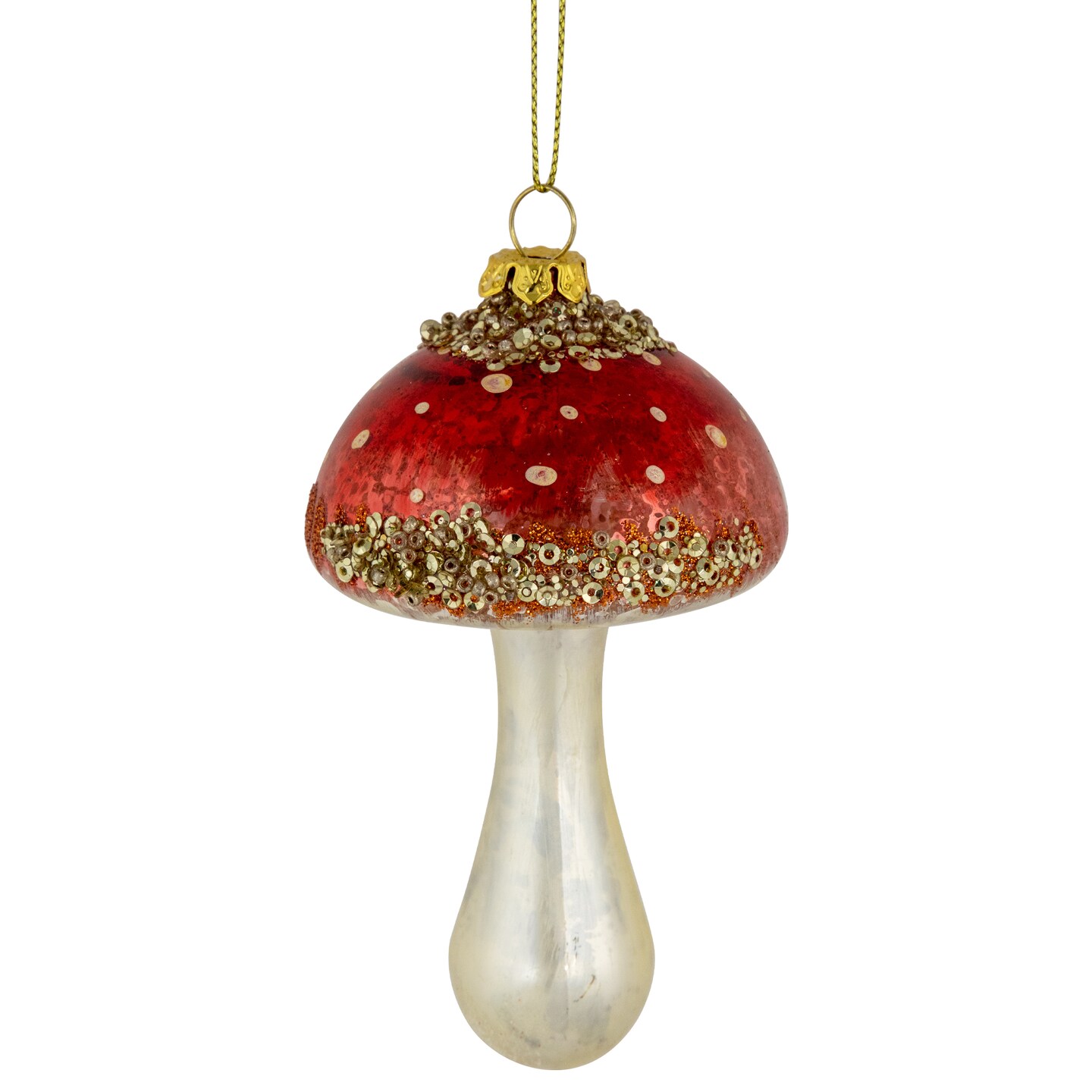 Northlight Sequined Mushroom Glass Christmas Ornament - 5&#x22; - Red and Gold Finish