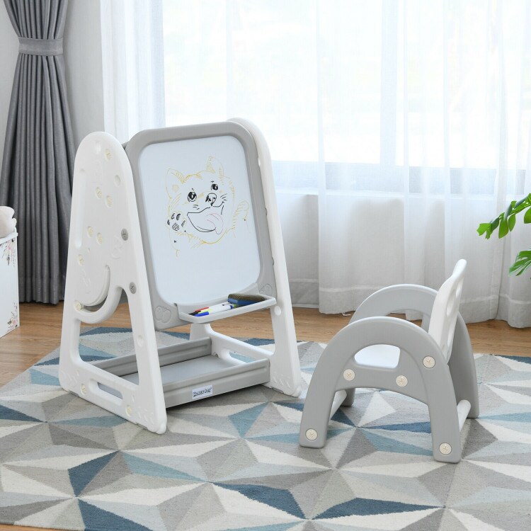 2-in-1 Kids Easel Desk Chair Set Book Rack Adjustable Art Painting Board
