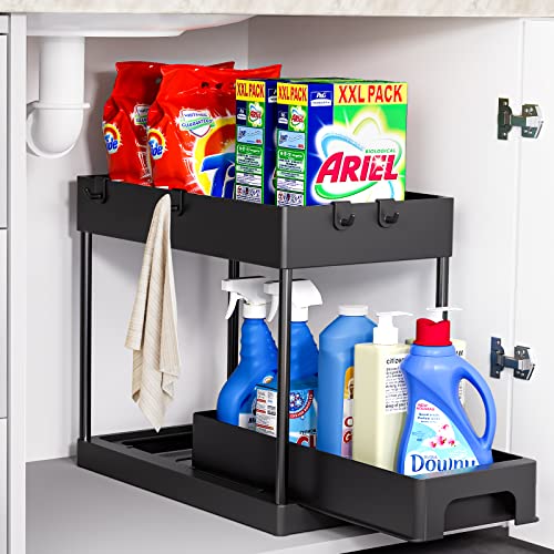 Under Sink Organizers and Storage, 2 Pack Pull-out Large Capacity Under  Bathroom and Kitchen Cabinet Storage Drawer Organizer with Hooks