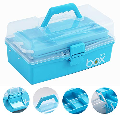 12'' Three-Layer Clear Plastic Craft Storage Box, Tool Box/Sewing Box Organizer, Art Storage Box with Handle (Light Blue)
