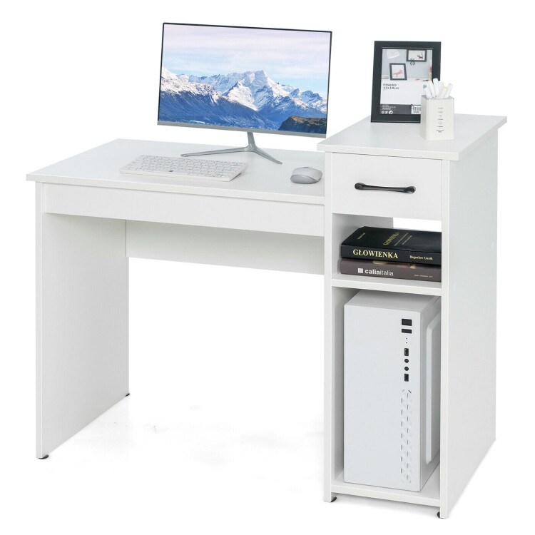 White Computer Desk PC Laptop Table with Drawer and 2-Tier Storage Shelf