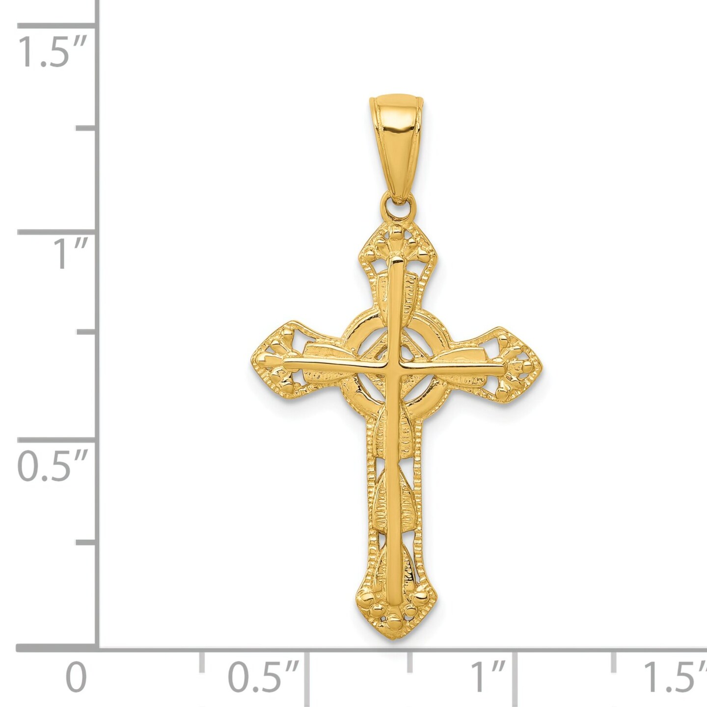 14K Gold Stick Cross On Ornate Cross Pendant Charm Jewelry 33mm x 18mm
