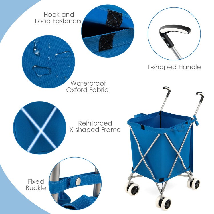 Folding Shopping Utility Cart with Water-Resistant Removable Canvas Bag-Blue