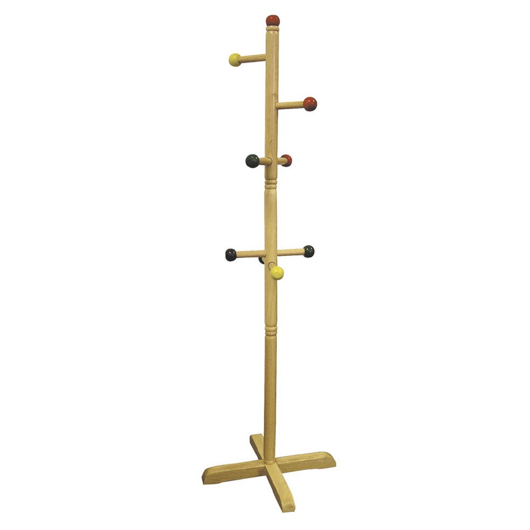 49.5&#x22; Tall Wooden Kids Standing Coat Rack, Natural Finish, 8 Colored Pegs