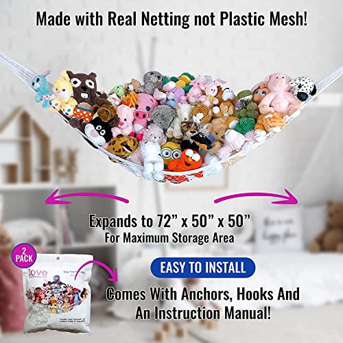 Large Stuffed Animal Net Hammock for Plushie Toys | Corner Hanging Organizer for your Teddy and Stuffy Collection | Easy to Hang w/Included Anchors & Hooks (White)