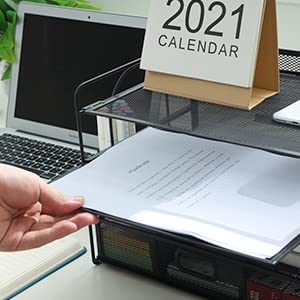 4 Tier Paper Letter Tray Organizer with Drawer and Pen Holder, Mesh Desktop Organizer Storage for Office Supplies (Black)