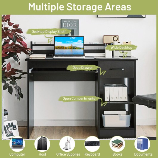 Modern Computer Desk with Large Drawer Pull-Out Keyboard Tray and Multi-Level Storage Shelf