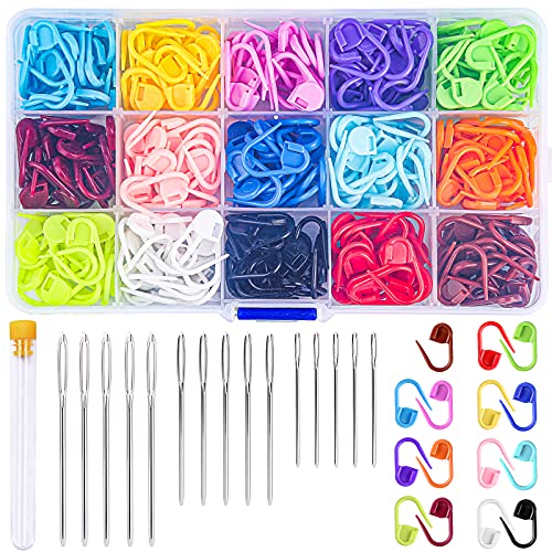 315 Pieces Stitch Locking Clip, Colorful Knitting Markers Crochet Clips with 15 Pieces Big Eyes Blunt Sewing Needles (2inch/2.3inch/2.7inch)