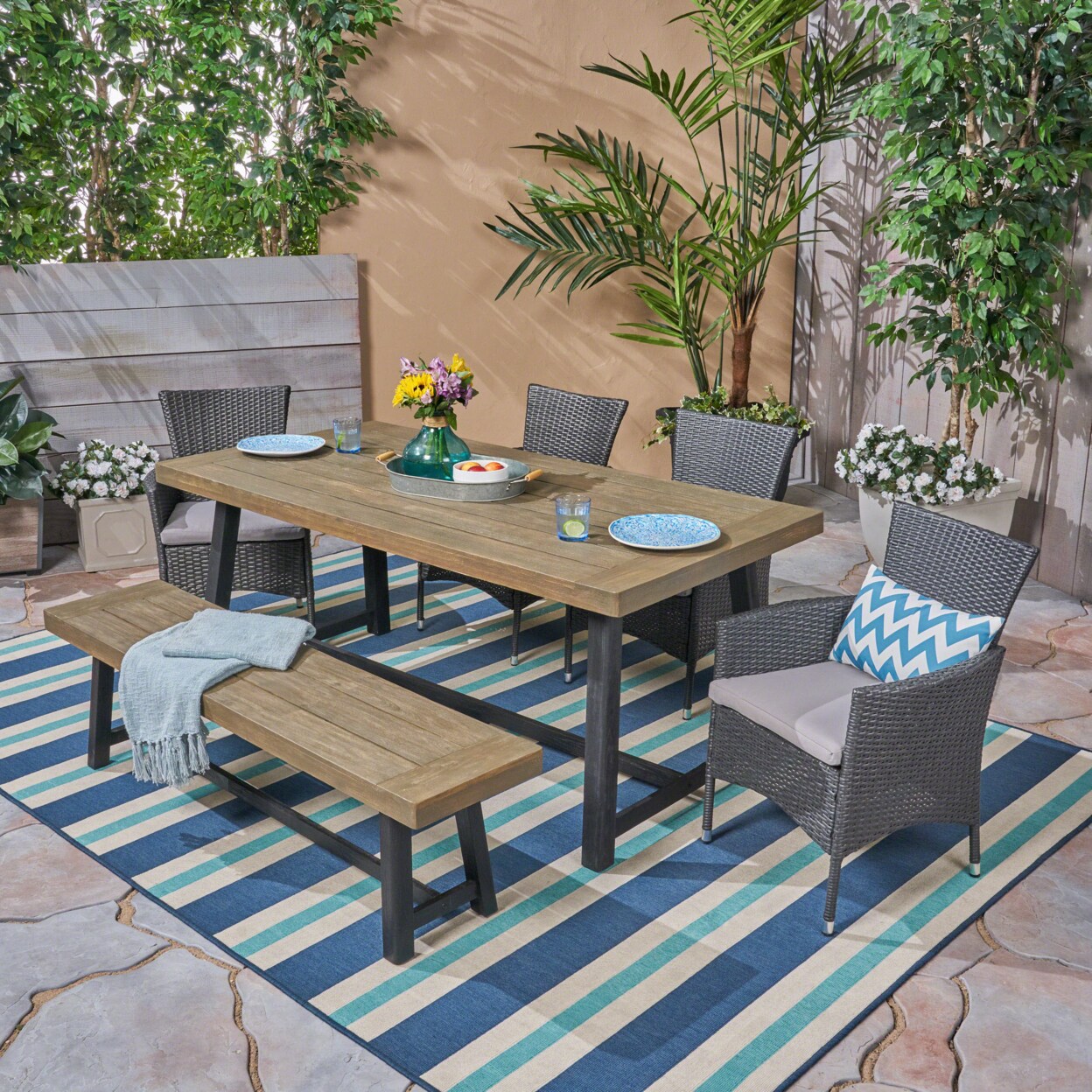 GDF Studio Nash Outdoor 6 Piece Dining Set with Wicker Chairs and Bench