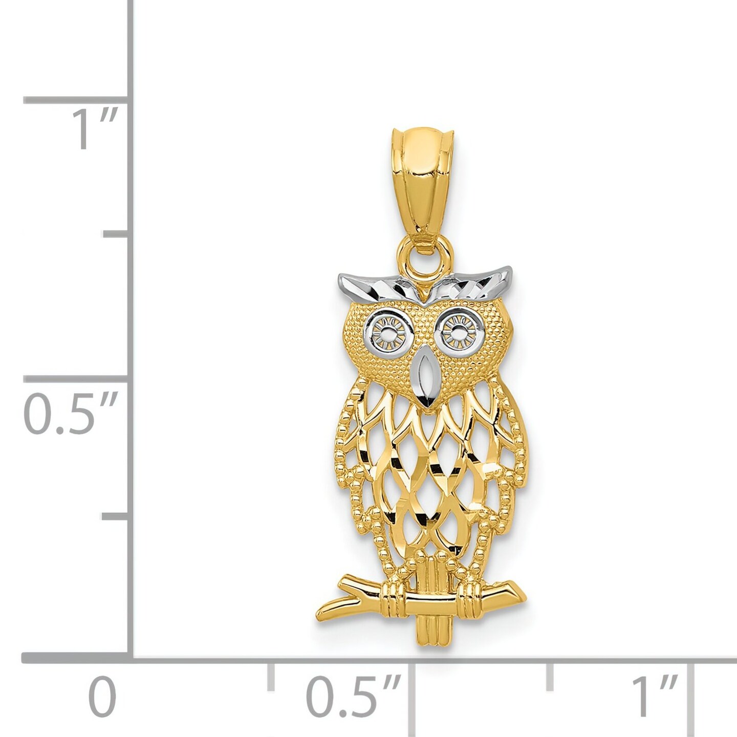 14K Two Tone Gold Owl Charm Night Bird Pendant Jewelry 24mm x 9mm