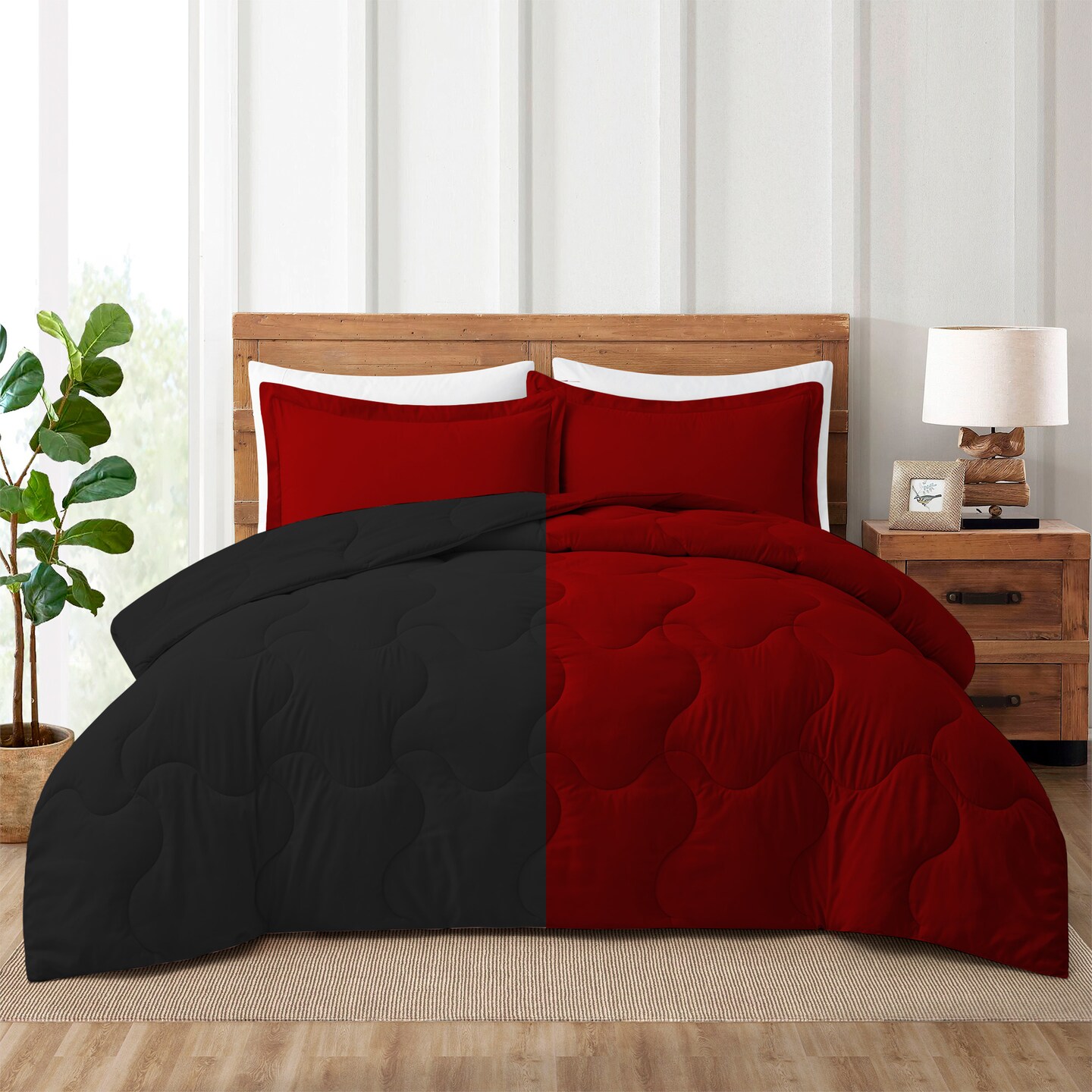 Reversible Twin Comforter Set Down Alternative Black Red Soft Microfiber 66X92