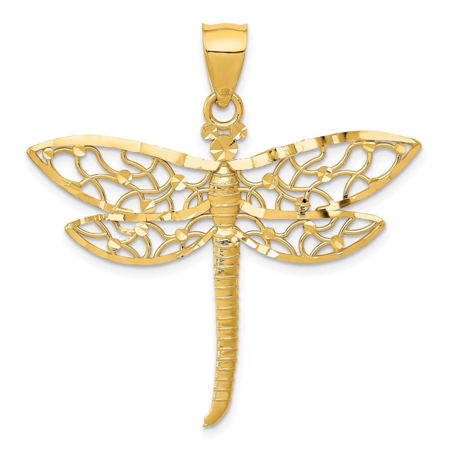 14K Gold Diamond Cut Dragonfly Charm Pendant Jewelry 37 x 38.5 mm