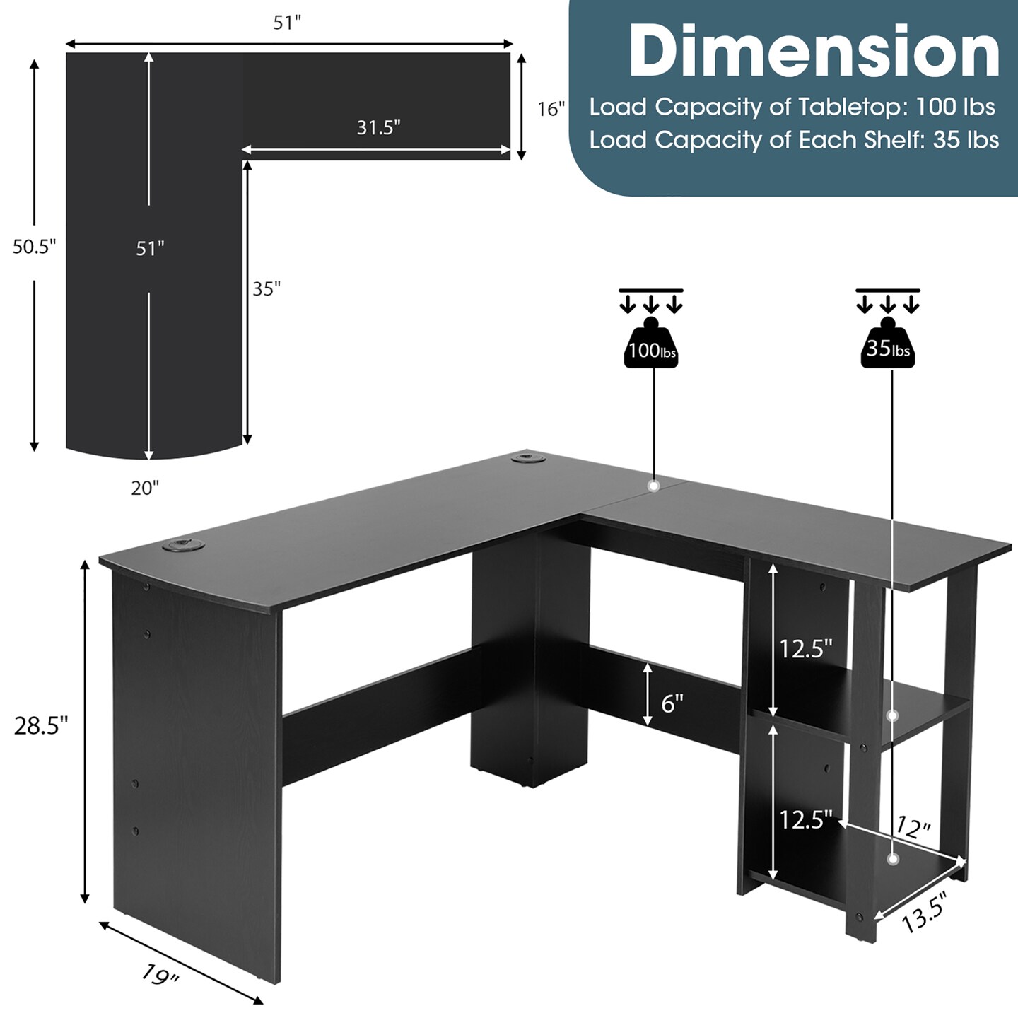 Costway Modern L-Shaped Computer Desk Writing Study Office Corner Desk w/Shelves