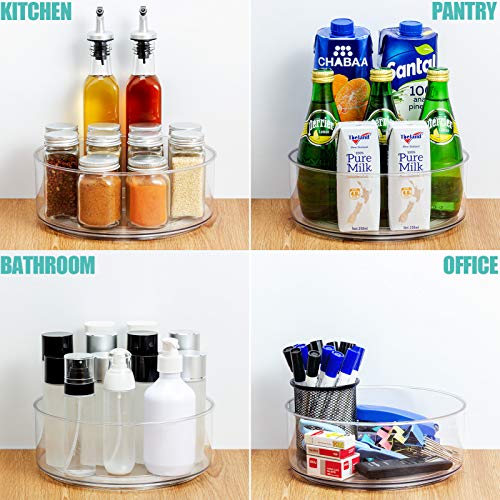2 Pack Round Plastic Clear Rotating Turntable Organization & Storage Container Bins for Cabinet, Pantry, Fridge, Countertop, Kitchen - Spinning Organizer for Spices, Condiments
