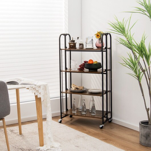Rustic Brown Wooden Foldable Rolling Cart with Metal Frame and Storage Shelves Suitable to Any Room