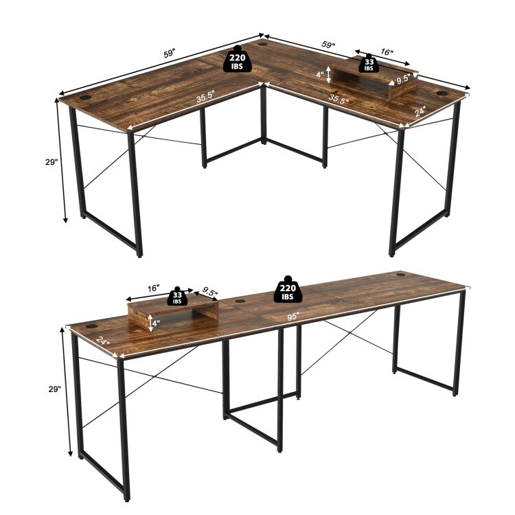 2-Person L-Shaped Long Reversible Computer Desk with Monitor Stand and Steel Frame