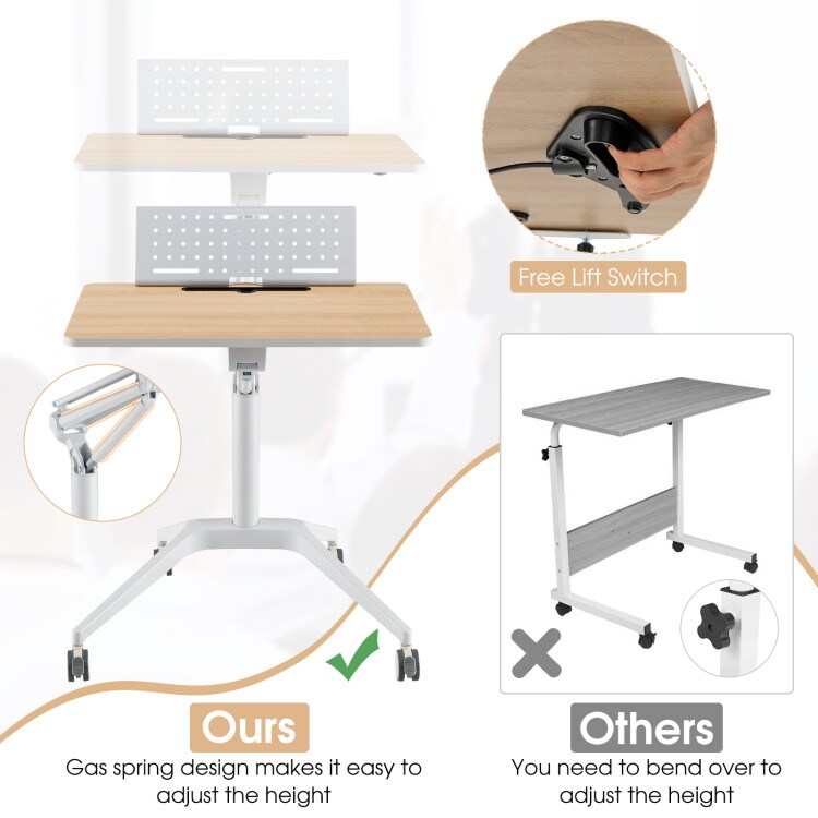 Height Adjustable Mobile Standing Desk with Detachable Holed- Natural