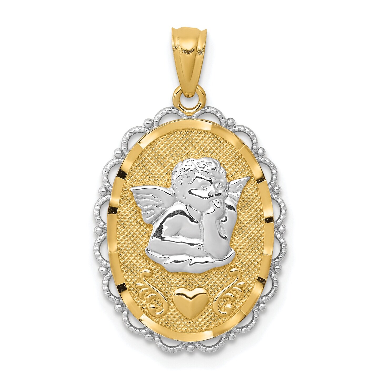 14K Two Tone Gold Guardian Angel Pendant Charm Jewerly 26mm x 16mm