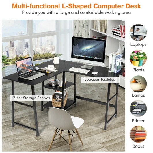 L Shaped Corner Computer Desk with Storage Shelves and Heavy Duty Metal Frame