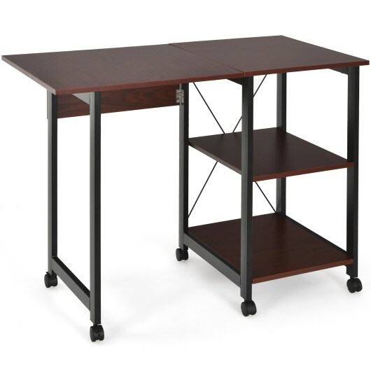 6 Universal Wheels Folding Computer Desk with 2-tier Open Storage Shelves