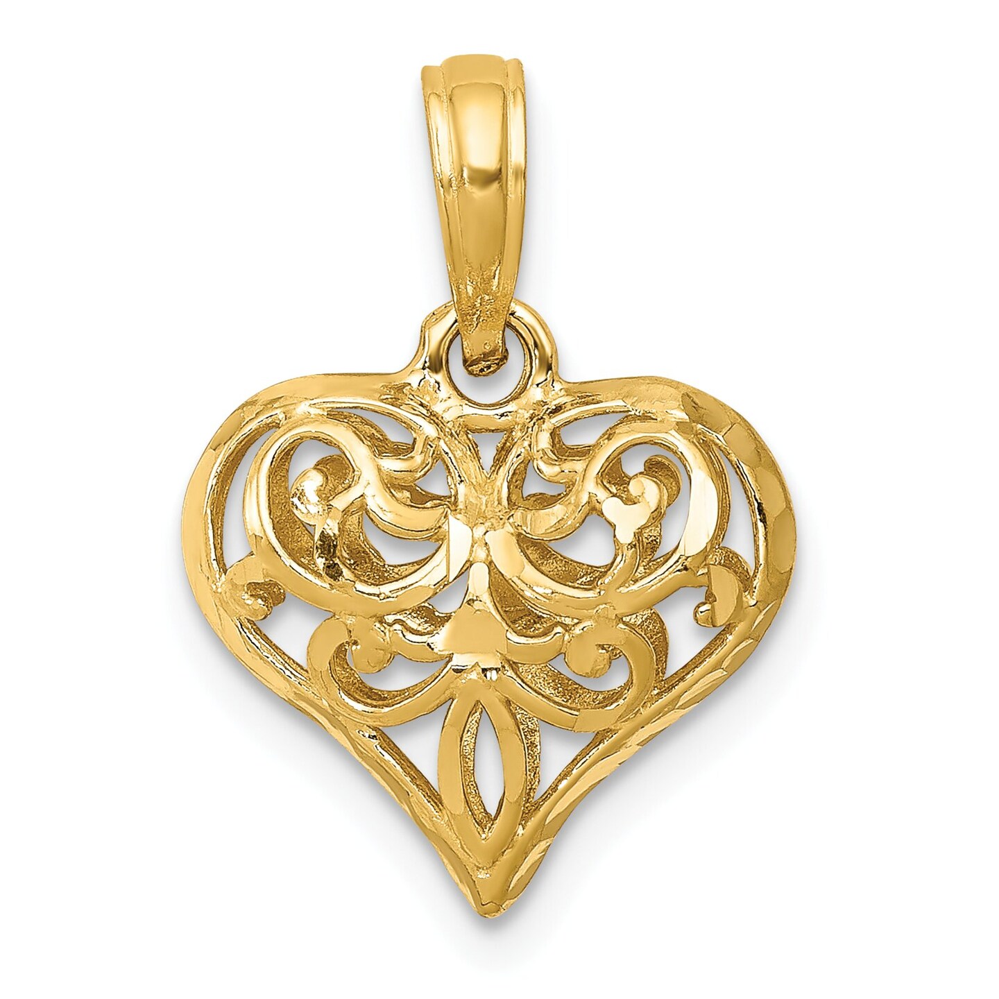 14K Gold Diamond Cut Open Fleur-De-Lis Heart Pendant Charm Jewelry 20 x 8 mm