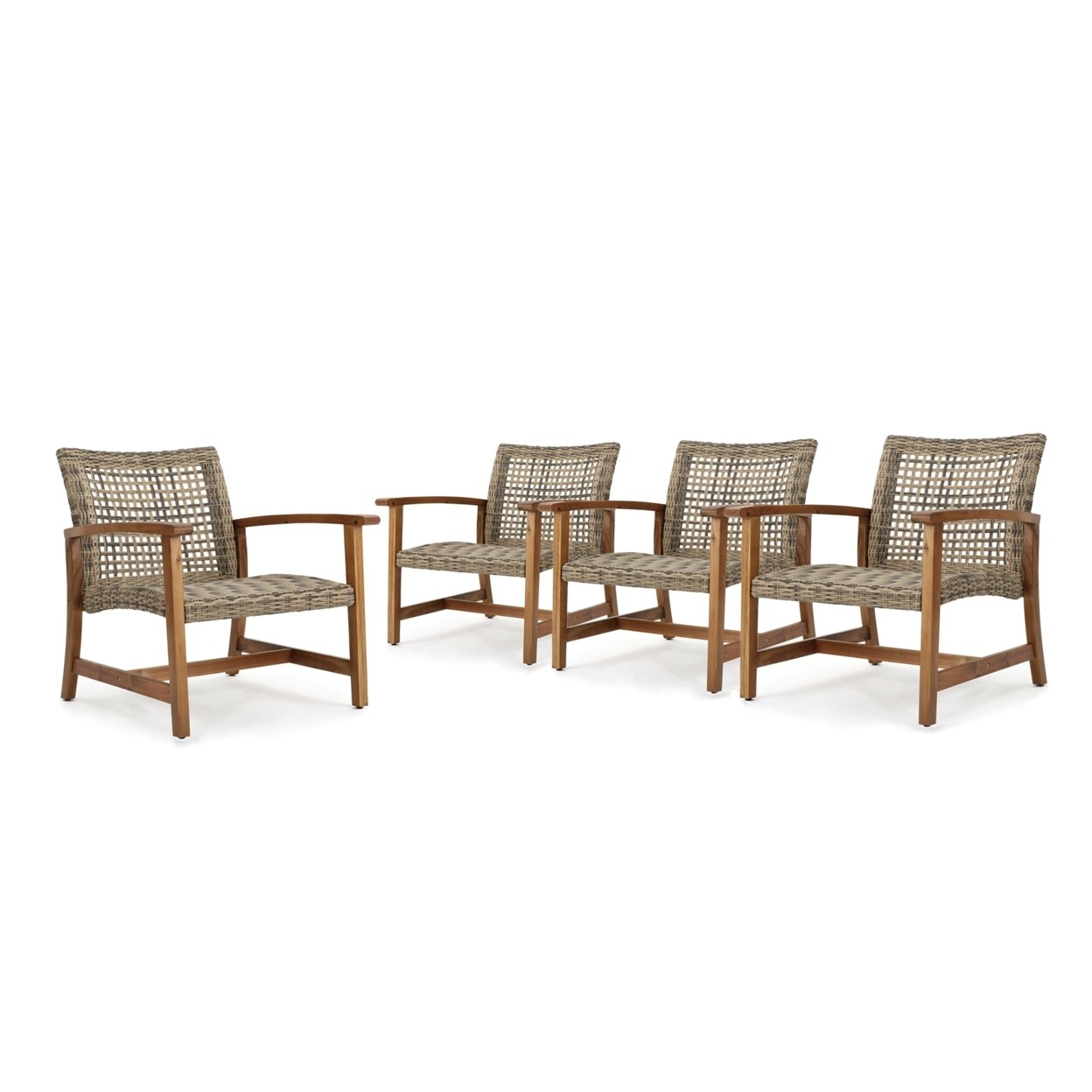 GDFStudio Cytheria Outdoor Mid Century Gray Wicker Club Chairs with Wood Frame (Set of 4)