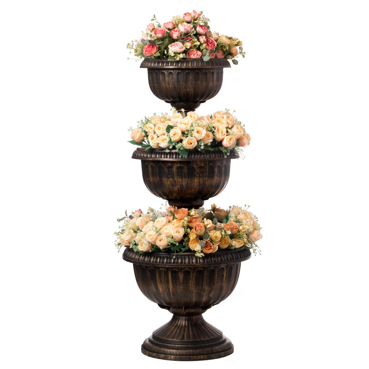 Triple Stacked Flower Bowl Urn Planter Decoration Bronze 40 Inch Outdoor Use