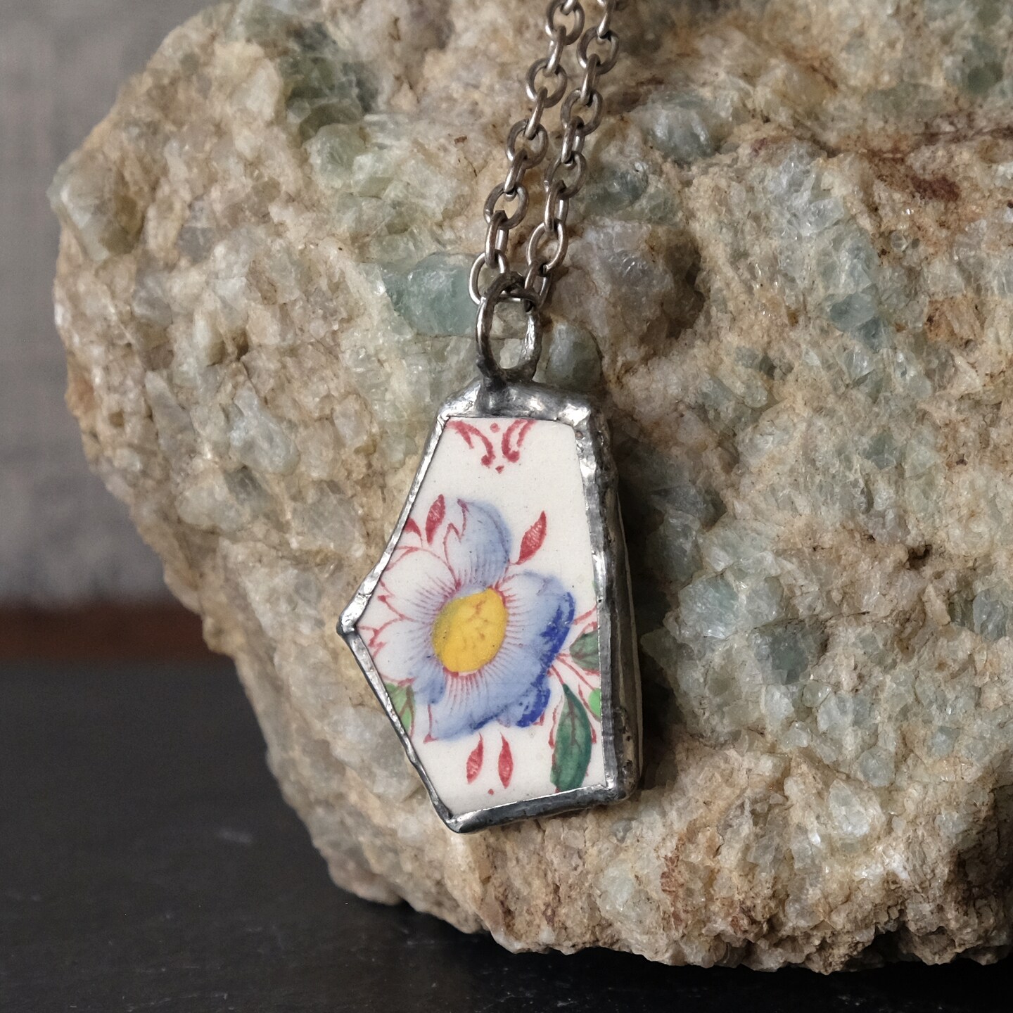 Large blue flower floral broken china necklace. Vintage retro